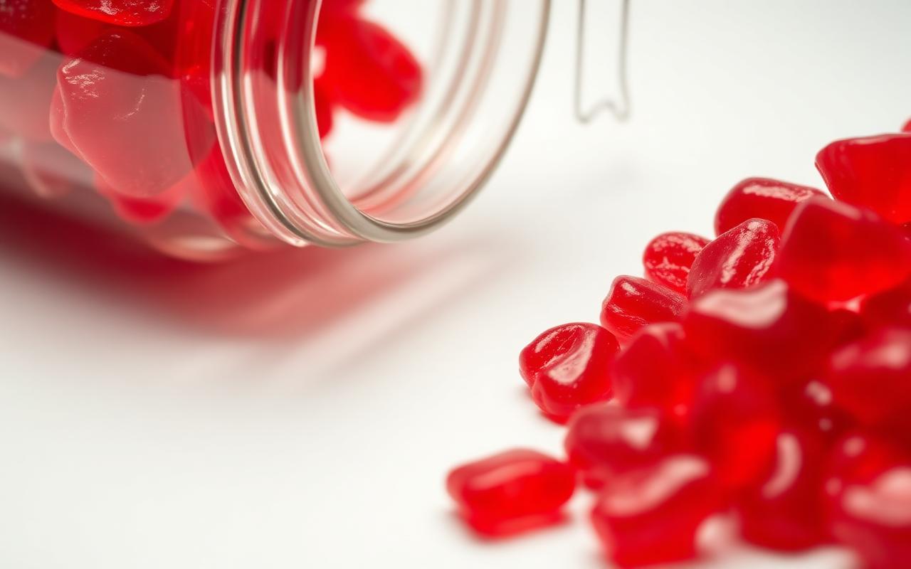 Red berry-flavored TruRelieve gummies pouring from a glass jar