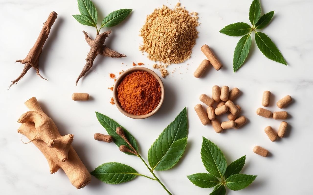 Natural male wellness ingredients including ashwagandha, maca, ginseng, and zinc